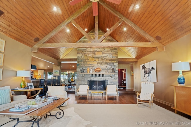 living room featuring wooden ceiling, a fireplace, high vaulted ceiling, hardwood / wood-style flooring, and ceiling fan