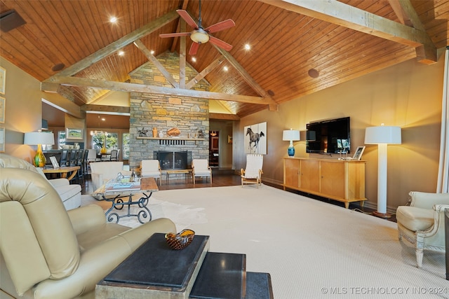 living room with ceiling fan, high vaulted ceiling, wooden ceiling, and a fireplace