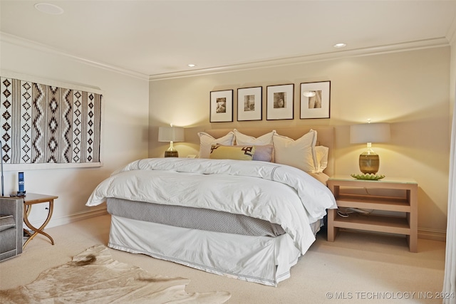 carpeted bedroom featuring crown molding