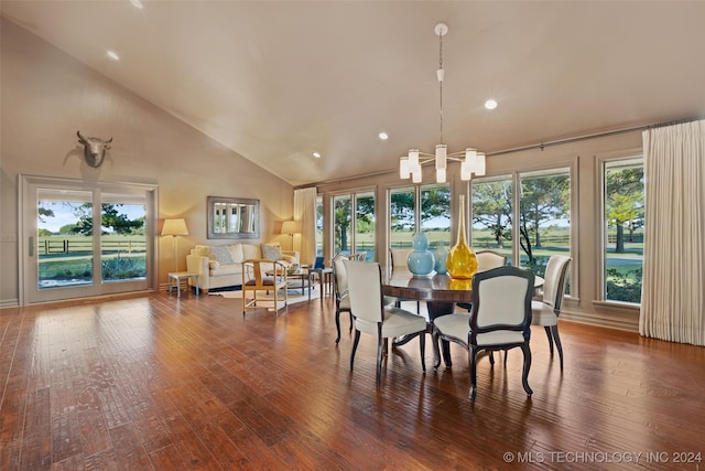 dining space featuring high vaulted ceiling and hardwood / wood-style flooring