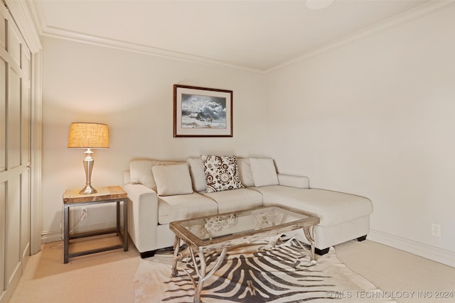 living room featuring crown molding and light colored carpet