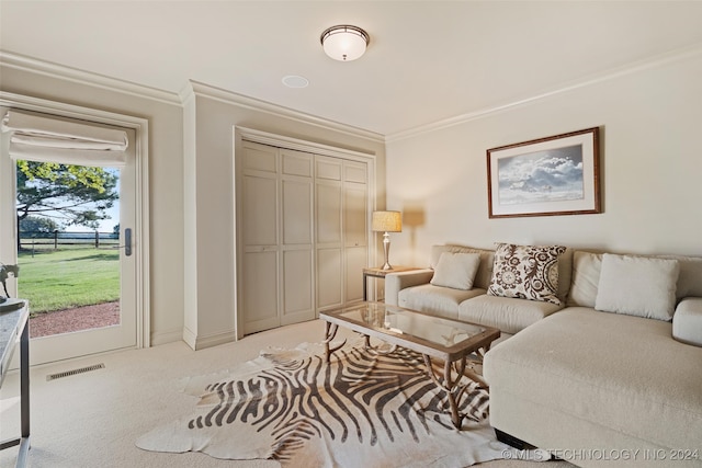 carpeted living room with ornamental molding