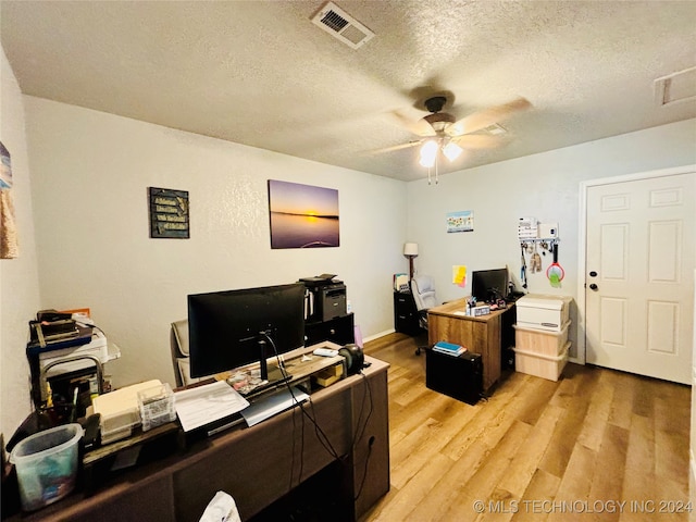 home office with ceiling fan, a textured ceiling, and light wood-type flooring