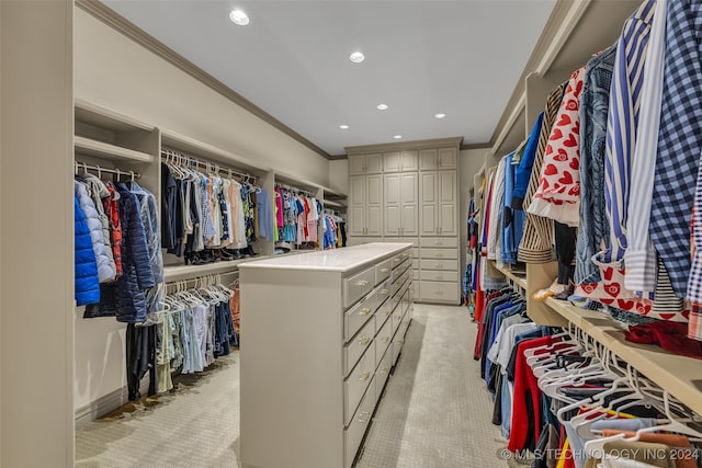 walk in closet with light carpet