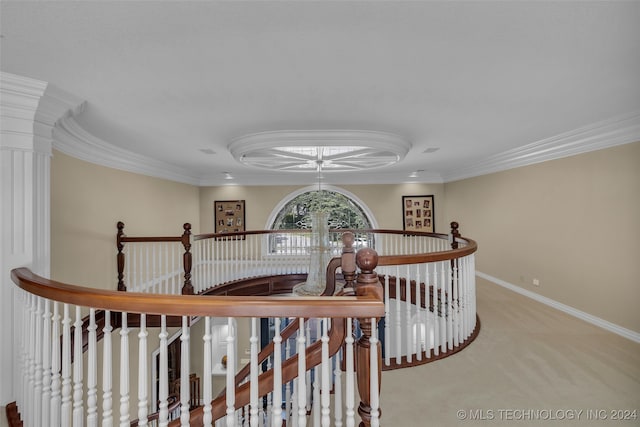 hallway featuring light carpet, a notable chandelier, and crown molding