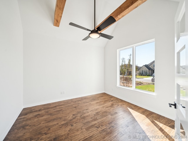 empty room with beam ceiling, ceiling fan, high vaulted ceiling, and dark wood-type flooring