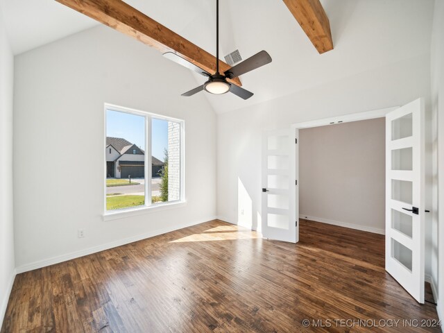 unfurnished living room featuring high vaulted ceiling, french doors, dark hardwood / wood-style floors, ceiling fan, and beam ceiling