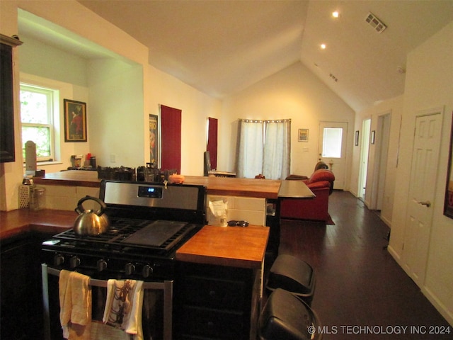 interior space featuring stainless steel gas range, vaulted ceiling, a kitchen bar, and dark hardwood / wood-style floors