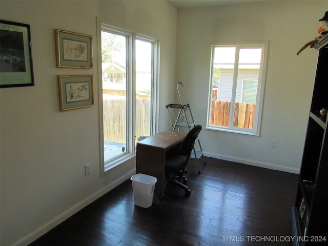 home office with dark wood-type flooring