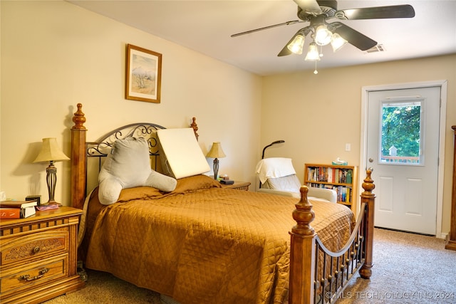 bedroom featuring ceiling fan and carpet flooring