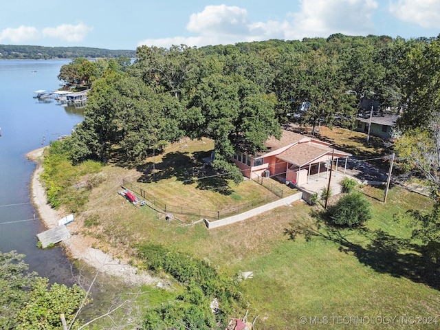 aerial view featuring a water view