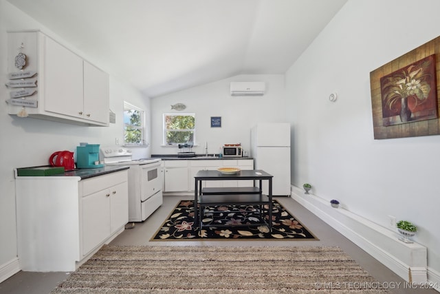 kitchen with white cabinets, lofted ceiling, sink, white appliances, and a wall unit AC