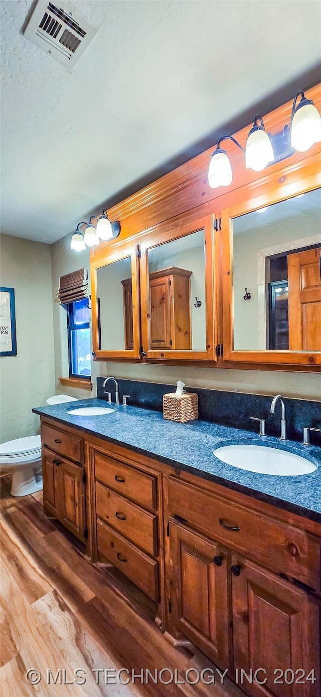 bathroom featuring hardwood / wood-style floors, vanity, and toilet