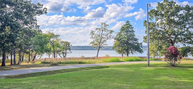 view of home's community with a lawn and a water view