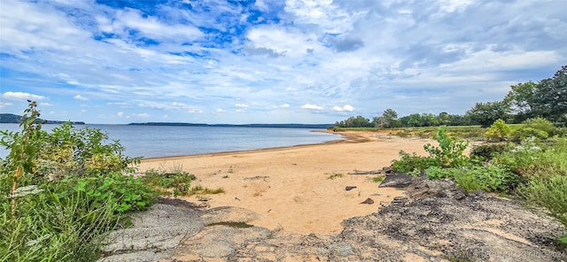 property view of water featuring a beach view