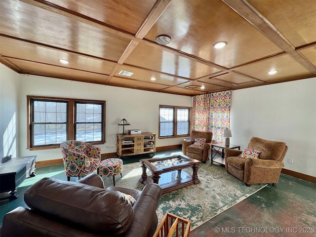 living room with concrete floors, wooden ceiling, and coffered ceiling