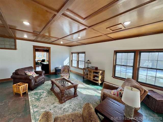 living room featuring coffered ceiling