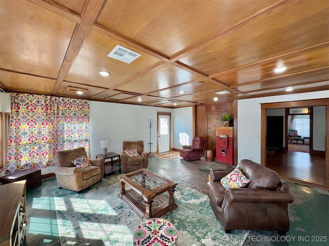 living room featuring wooden ceiling and coffered ceiling