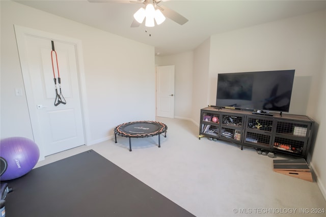 exercise room featuring carpet and ceiling fan