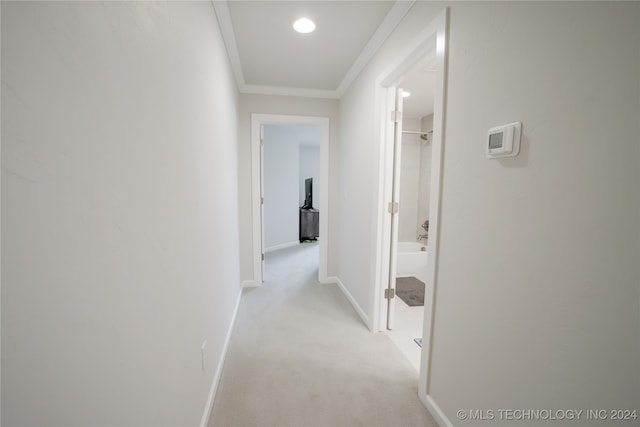 corridor featuring light colored carpet and crown molding