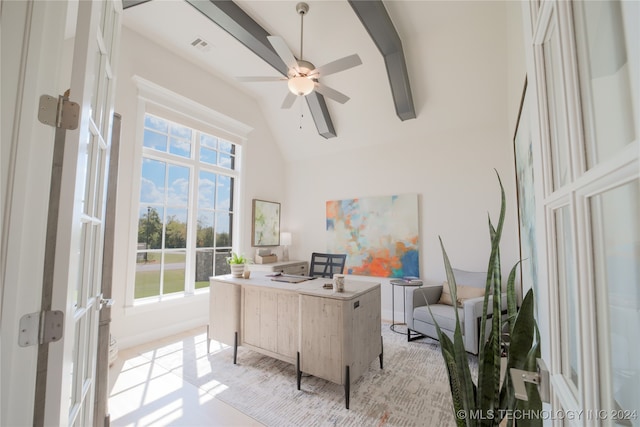 tiled office featuring ceiling fan, french doors, and high vaulted ceiling