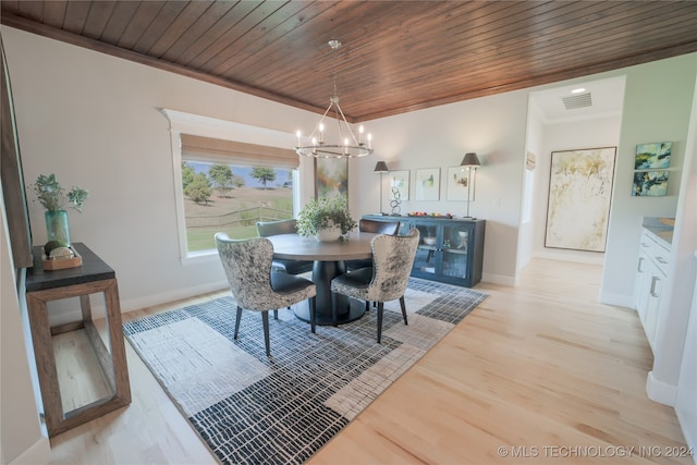 dining space featuring wood ceiling, ornamental molding, light hardwood / wood-style flooring, and a chandelier