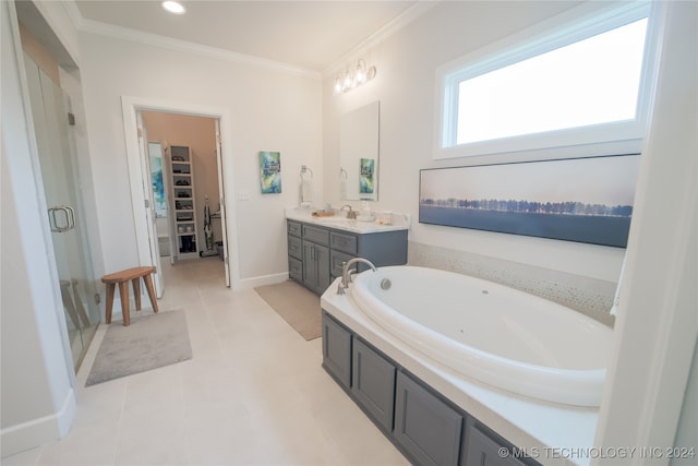 bathroom with independent shower and bath, vanity, crown molding, and tile patterned flooring