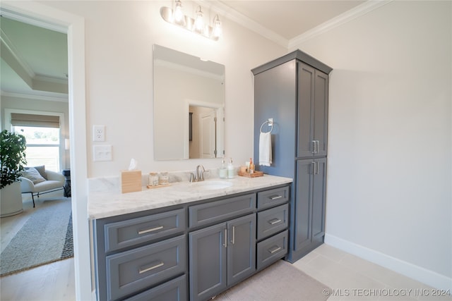 bathroom featuring ornamental molding, vanity, and wood-type flooring