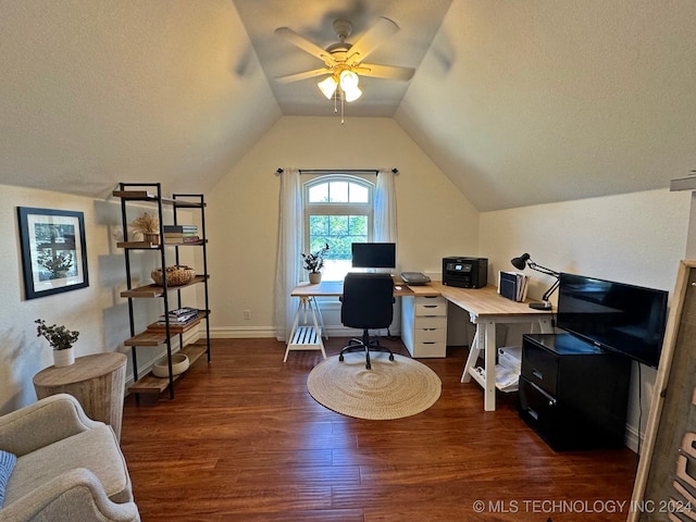 home office featuring ceiling fan, lofted ceiling, and dark hardwood / wood-style floors