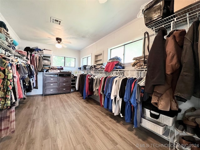 spacious closet with wood-type flooring and ceiling fan