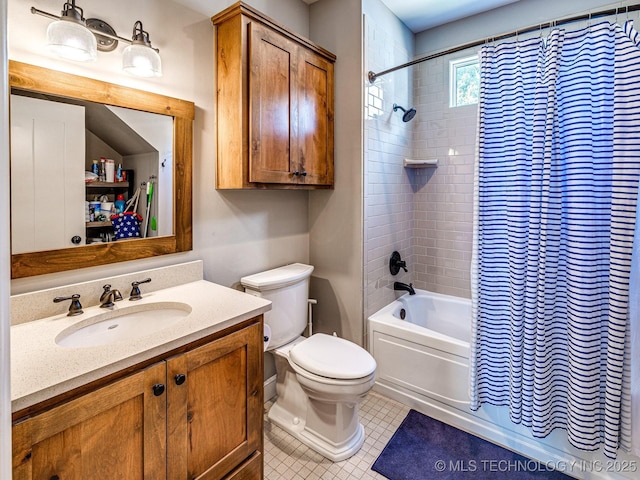 full bathroom with shower / bath combo, vanity, tile patterned floors, and toilet