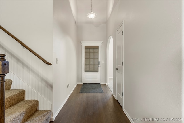 doorway with a towering ceiling and dark hardwood / wood-style flooring