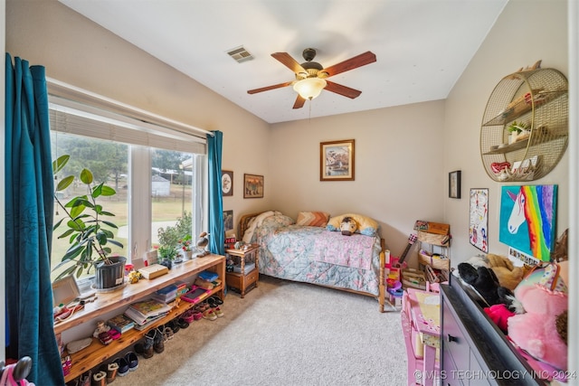 bedroom featuring ceiling fan and carpet flooring