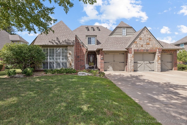 view of front of house featuring a garage and a front lawn