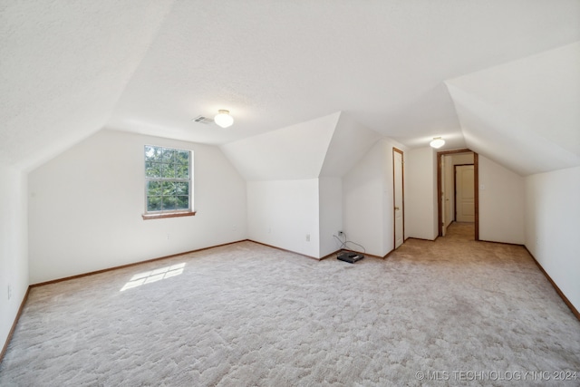 additional living space with light colored carpet, lofted ceiling, and a textured ceiling