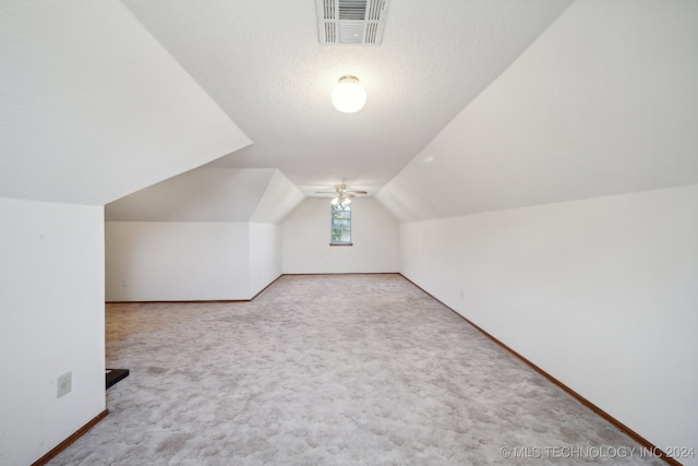 additional living space featuring carpet flooring, a textured ceiling, and lofted ceiling