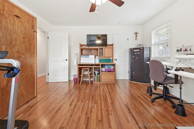 office featuring ceiling fan and hardwood / wood-style flooring