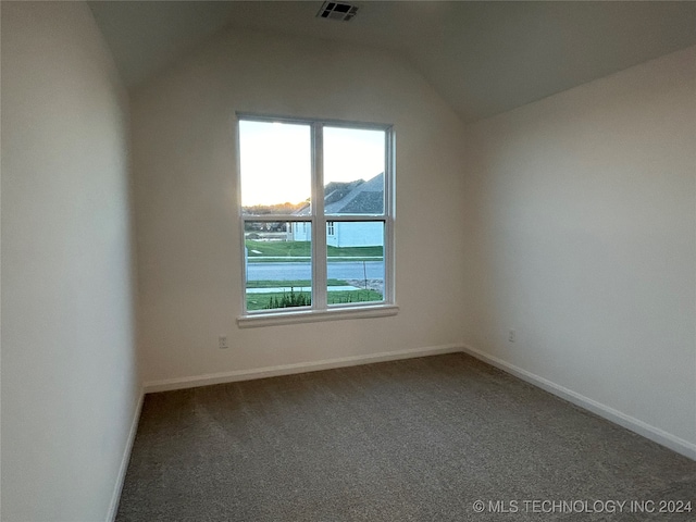 additional living space with lofted ceiling, dark colored carpet, and a mountain view