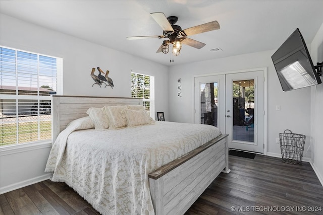 bedroom with access to outside, dark hardwood / wood-style flooring, ceiling fan, and french doors