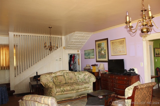 living room with lofted ceiling and dark wood-type flooring