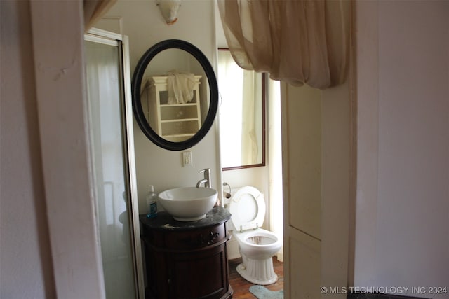 bathroom featuring wood-type flooring, vanity, and toilet