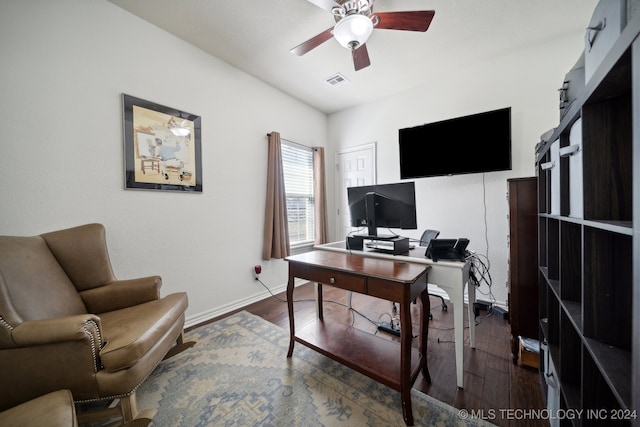 office area with ceiling fan and dark hardwood / wood-style floors