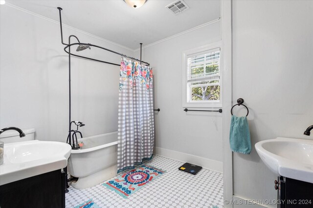 bathroom featuring vanity, tile patterned floors, shower / bath combo, and crown molding