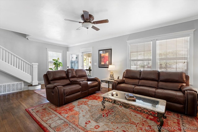 1433 S Dewey Ave, Bartlesville, OK 74003 - living area featuring a ceiling fan, hardwood / wood-style floors, stairs, and crown molding
