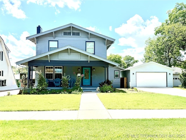 1433 S Dewey Ave, Bartlesville, OK 74003 - american foursquare style home with a chimney, a porch, a front lawn, and a detached garage