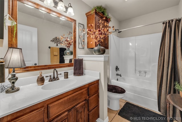 full bathroom featuring tile patterned flooring, vanity, toilet, and shower / bath combo with shower curtain