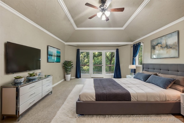 bedroom with baseboards, crown molding, a tray ceiling, and carpet floors