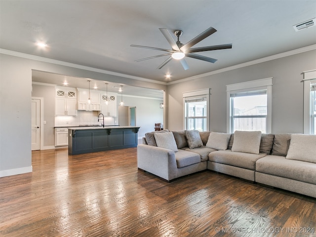 living room featuring crown molding, sink, dark wood-type flooring, and ceiling fan