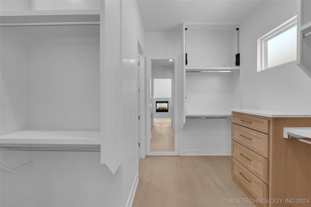 walk in closet with light hardwood / wood-style flooring