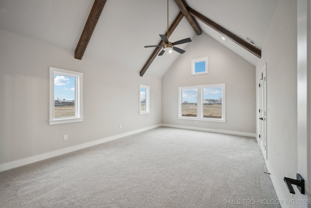 interior space with beamed ceiling, light colored carpet, ceiling fan, and high vaulted ceiling